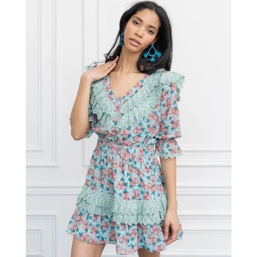The Shirt Nicky Floral Ruffle Mini Dress Mint Eyelet Lace Medium